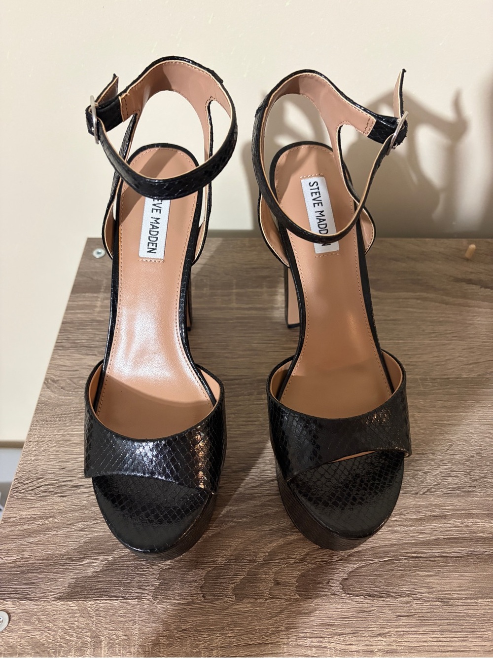 Steve Madden Black Faux-Snakeskin Platform Block Heels with Ankle Strap - Picture 5 of 7